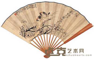 柳汀 乙亥（1935）年作 花鸟 成扇 19×50cm